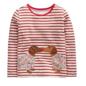 Mini Boden Girls 3-4 Red Stripped Dog Applique Cotton T-Shirt
